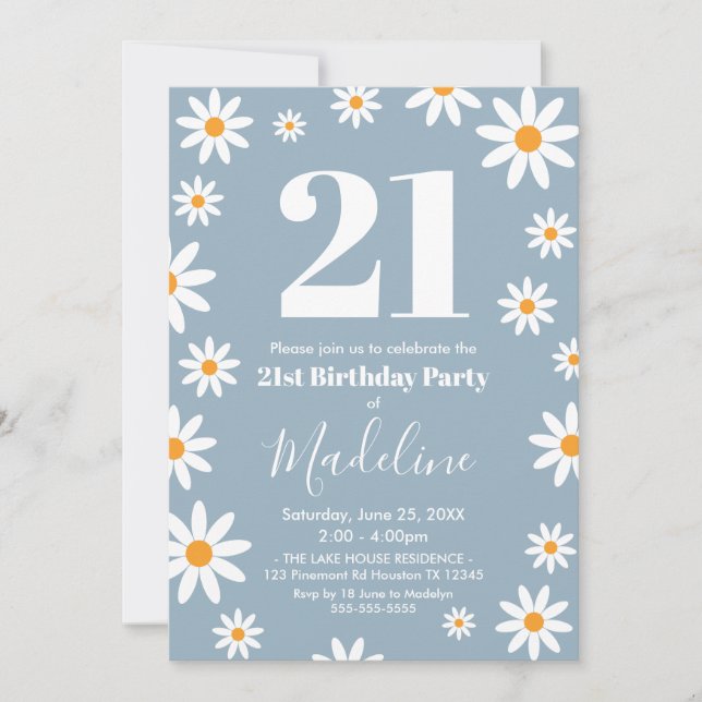 Daisies Dusty blue Birthday Party Invitation Einladung (Vorderseite)