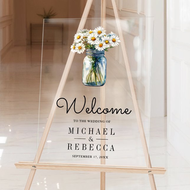 Daisies Floral Mason Jar Wedding Welcome Acrylschild (Von Creator hochgeladen)