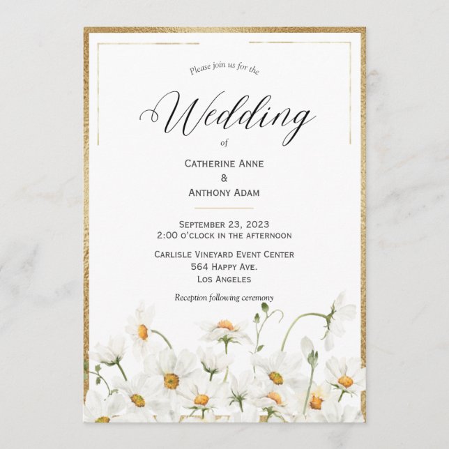 Daisies Floral Watercolor Gold Wedding Einladung (Vorderseite)