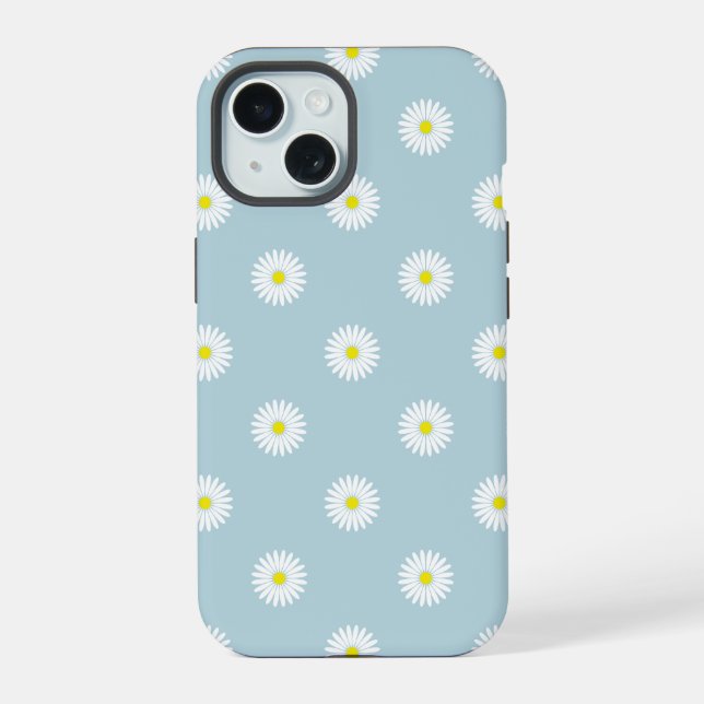 Daisies Illustratives Muster auf blass blau iPhone 15 Hülle (Rückseite)