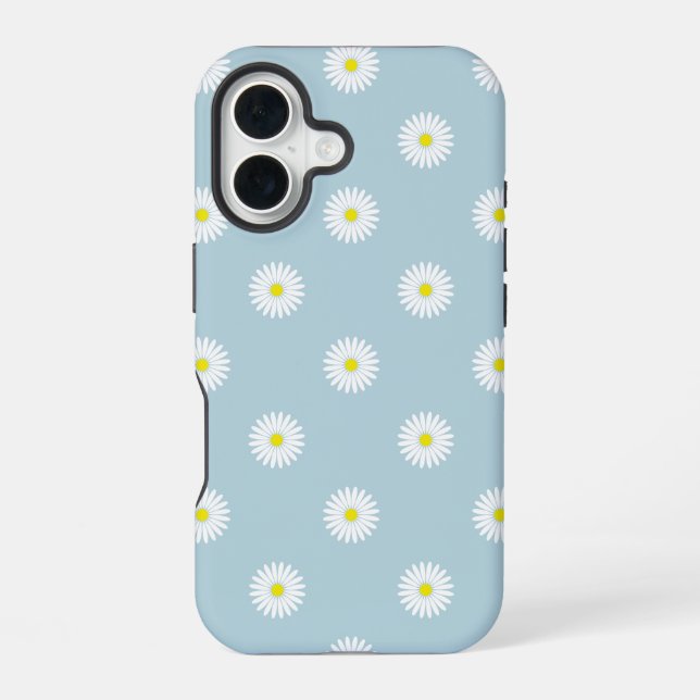Daisies Illustratives Muster auf blass blau iPhone 16 Hülle (Rückseite)