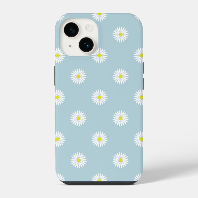 Daisies Illustratives Muster auf blass blau iPhone Hülle (Rückseite)