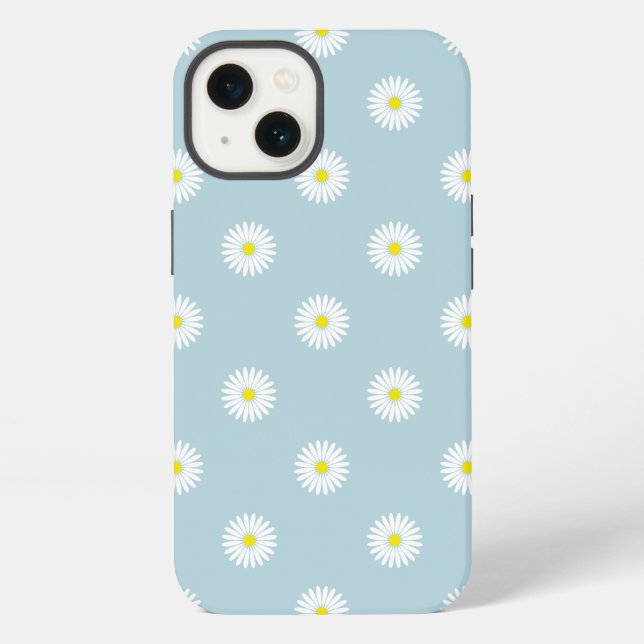 Daisies Illustratives Muster auf blass blau iPhone Hülle (Rückseite)