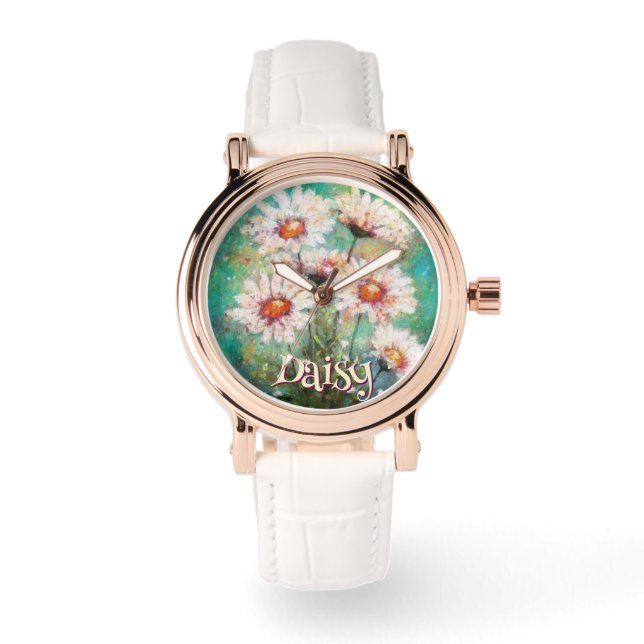 Daisies Impressionistic Floral Teal Personalized Armbanduhr (Vorderseite)
