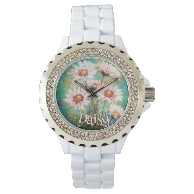 Daisies Impressionistic Floral Teal Personalized Armbanduhr (Vorderseite)