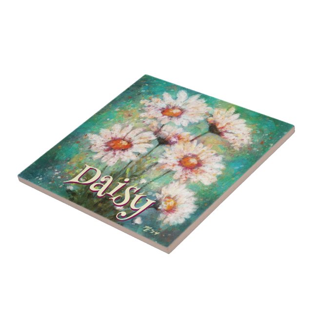 Daisies Impressionistic Floral Teal Personalized Fliese (Seite)