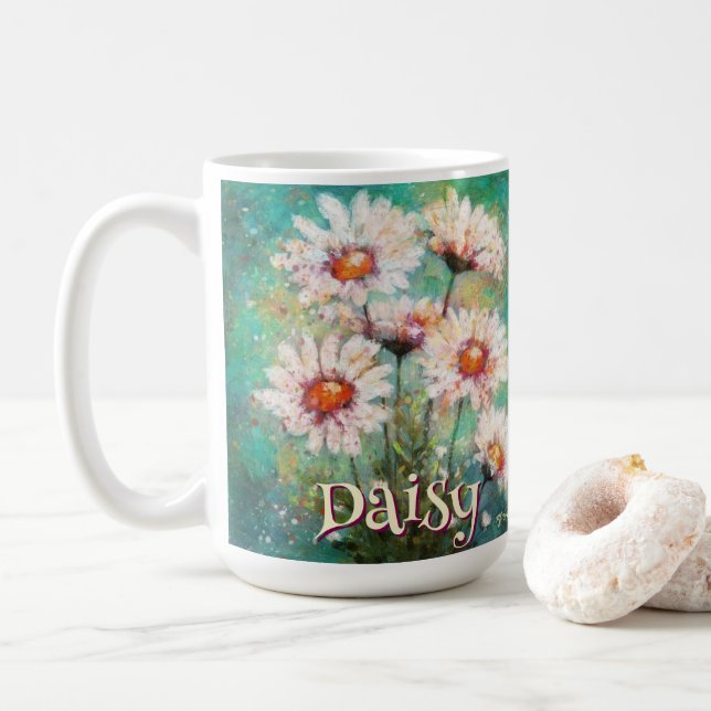 Daisies Impressionistic Floral Teal Personalized Kaffeetasse (Mit Donut)