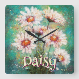 Daisies Impressionistic Floral Teal Personalized Quadratische Wanduhr