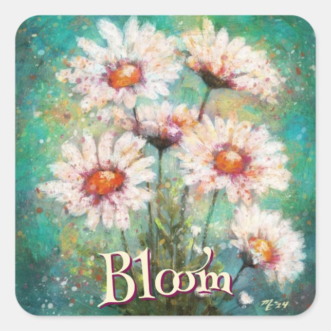 Daisies Impressionistic Floral Teal Personalized Quadratischer Aufkleber (Vorderseite)