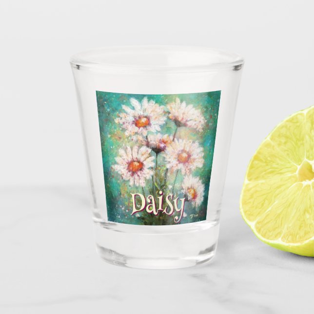 Daisies Impressionistic Floral Teal Personalized Schnapsglas (Vorderseite)
