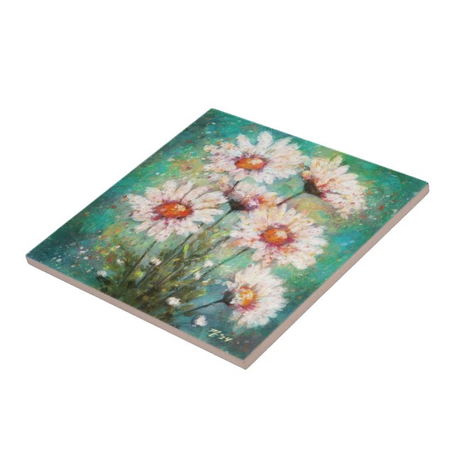 Daisies Impressionistisches Blumengemälde Aquamari Fliese (Seite)