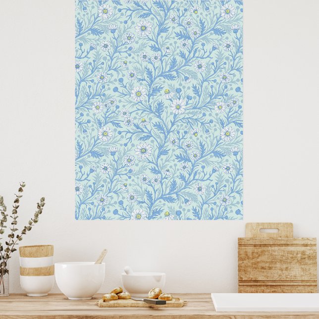 Daisies in white and blue on sea glass poster (Küche)