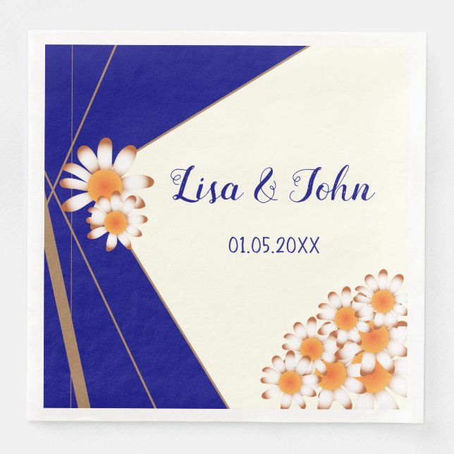 Daisies Moderne Hochzeit in Navy und Gold Serviette (Vorderseite)