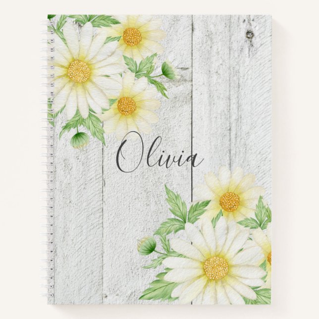 Daisies Name Rustic Wood Notizbuch (Vorderseite)