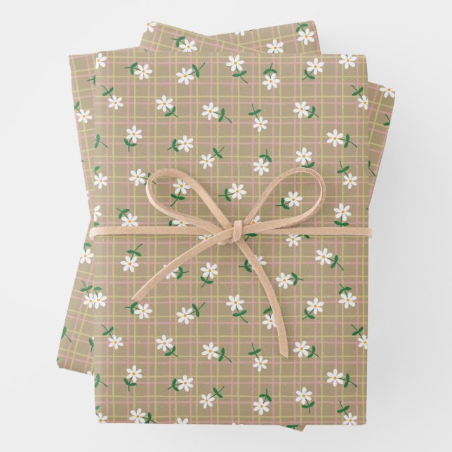 Daisies on Brown Plaid (large scale) Geschenkpapier Set (Beispiel)