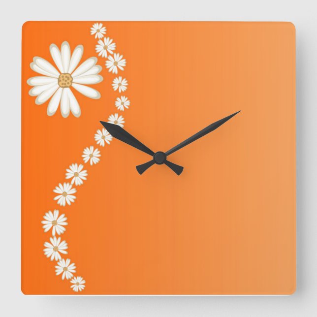 Daisies on Orange Square Wall Clock Quadratische Wanduhr (Vorderseite)