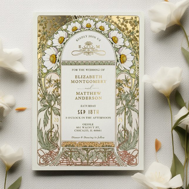 Daisies Vintage Wedding Art Nouveau Folieneinladung (Von Creator hochgeladen)