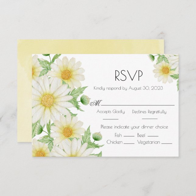 Daisies White Watercolor Floral Script Wedding RSVP Karte (Vorne/Hinten)