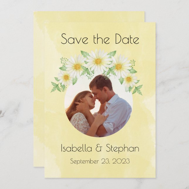 Daisies White Yellow Floral Foto Typografie Save The Date (Vorne/Hinten)