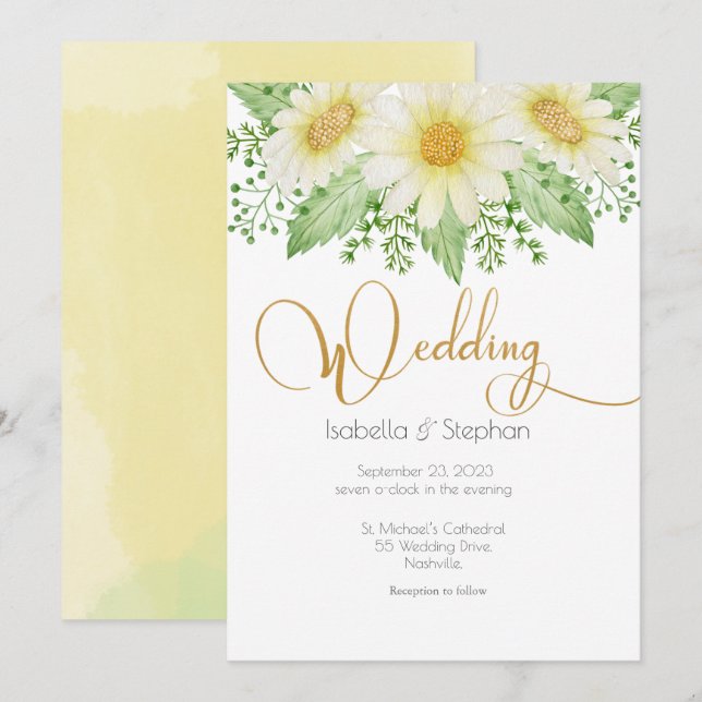 Daisies White Yellow Floral Script Wedding Einladu Einladung (Vorne/Hinten)