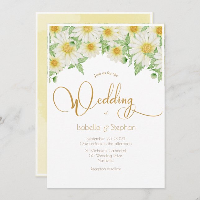 Daisies White Yellow Floral Script Wedding Einladung (Vorne/Hinten)