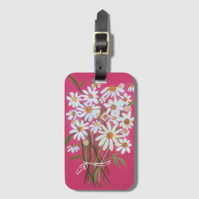 Daisies Wildblume Bouquet Wasserfarbe Rosa Gepäckanhänger (Vorderseite Vertikal)