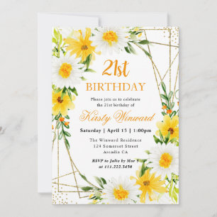 Daisies & Yellow Flowers Gold Frame 21. Geburtstag Einladung