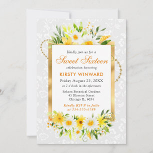 Daisies & Yellow Summer Blume Gold Foil Sweet 16 Einladung