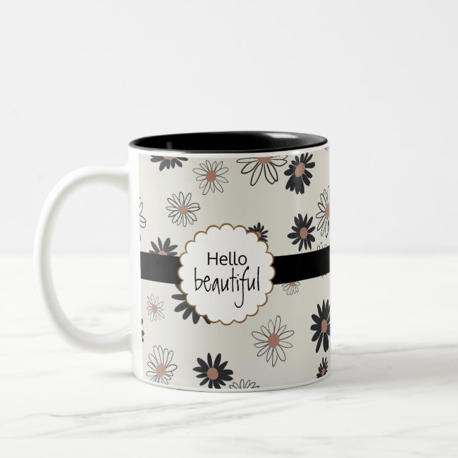 Daisis Hello Beautiful Black Pink Floral Pattern Zweifarbige Tasse (Links)