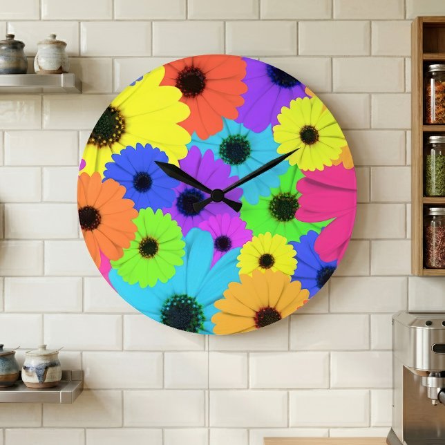 Daisis oder Marigolds farbenfrohe psychedelische M Große Wanduhr (Colorful Psychedelic Daisy Floral Pattern. Large Clock)