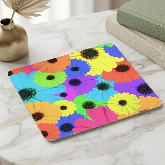 Daisis oder Marigolds farbenfrohe psychedelische M Rechteckiger Pappuntersetzer (Colorful Psychedelic Daisy Floral Pattern. Square Paper Coaster)