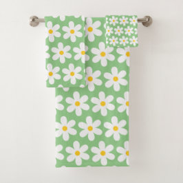 Daisis Retro Blumenmuster Weiß Grün Badhandtuch Set
