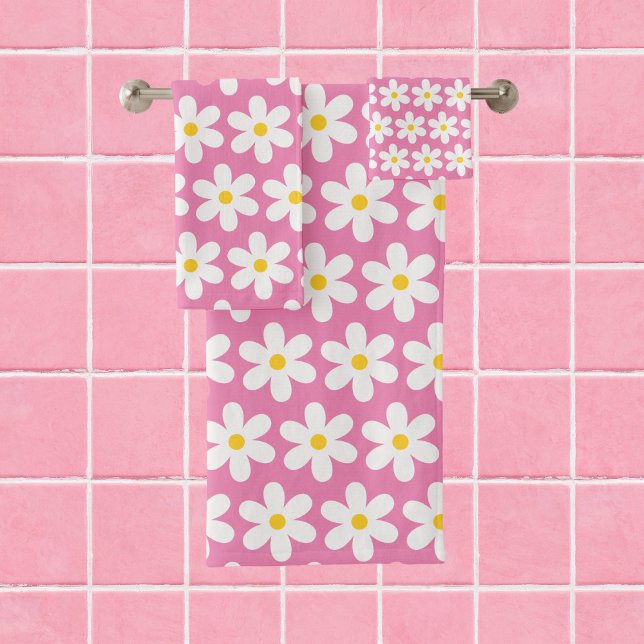 Daisis Retro Blumenmuster Weiß Rosa Badhandtuch Set (Von Creator hochgeladen)