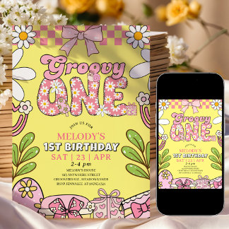 Daisy 1. Geburtstag Pink und Gelb Retro-Geburtstag Einladung