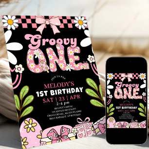 Daisy 1. Geburtstag Pink und Schwarz Retro-Geburts Einladung