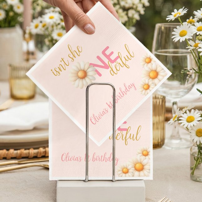 Daisy 1st Birthday Isn't She ONEderful Pink Boho Serviette (Daisy 1st Birthday Isn't She ONEderful Pink Boho Napkins)