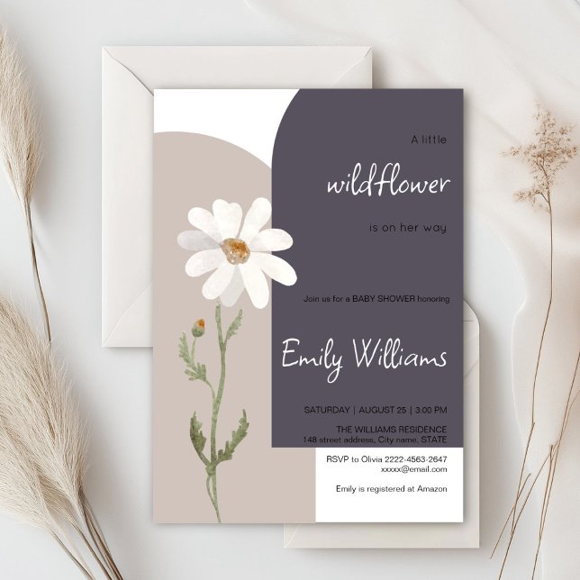 Daisy Aquarell minimalistische Babydusche Einladung (Daisy wildflower watercolor baby in bloom floral shower invitation in purple colors, rustic, boho)