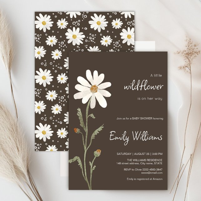 Daisy Aquarell minimalistische Babydusche Einladung (Daisy wildflower watercolor baby in bloom floral shower invitation in brown colors, rustic, boho)
