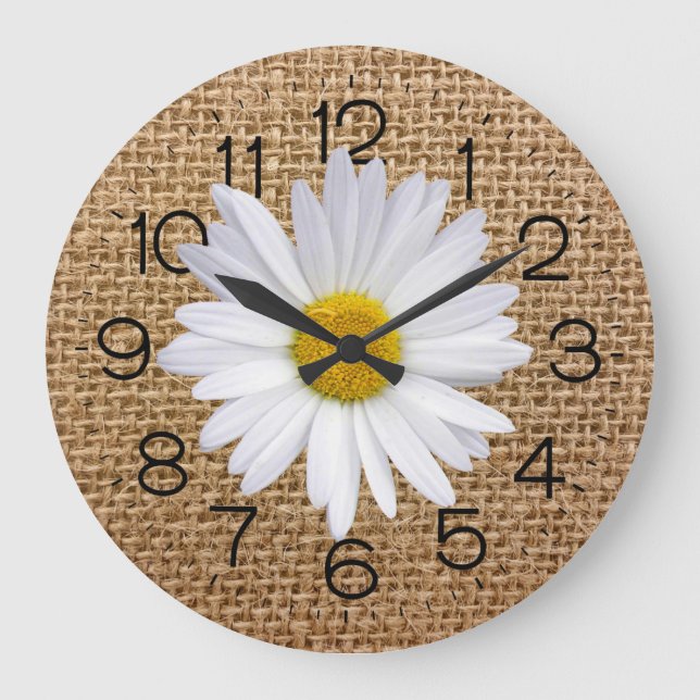 Daisy auf Burlap Large Clock Große Wanduhr (Vorderseite)