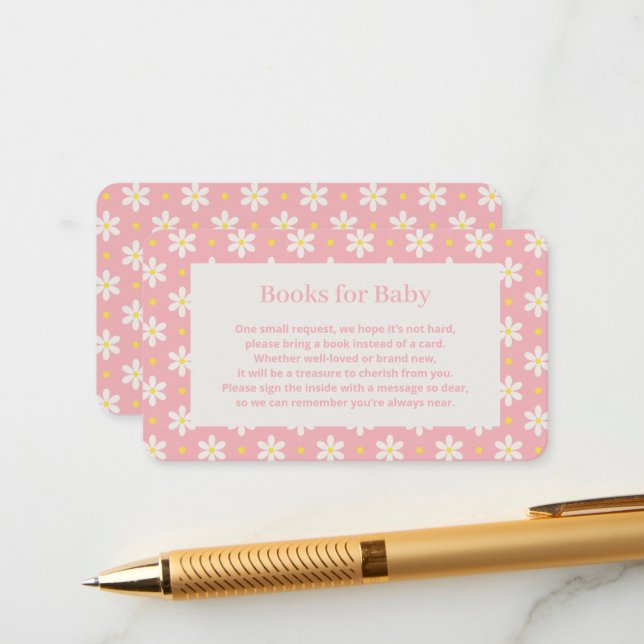 Daisy-Baby-Party-Buchwunsch Begleitkarte (Vorderseite/Rückseite Beispiel)