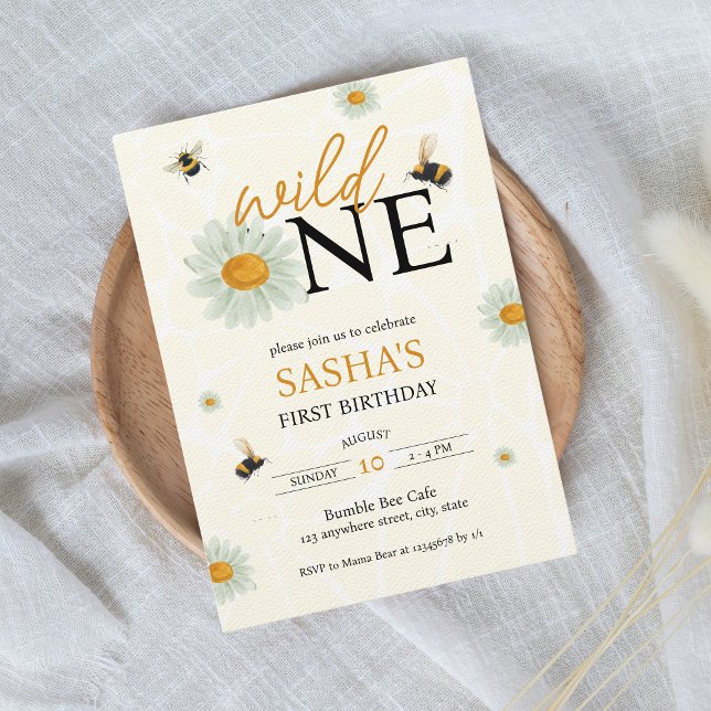 Daisy Bee Wild One Girl's 1. Geburtstag Einladung (Daisy Bees Wild one Girl's 1st birthday invitation)