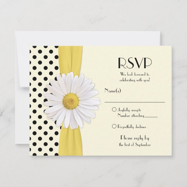 Daisy Black and Ivory Polka Dot Reply Card RSVP Karte (Vorderseite)