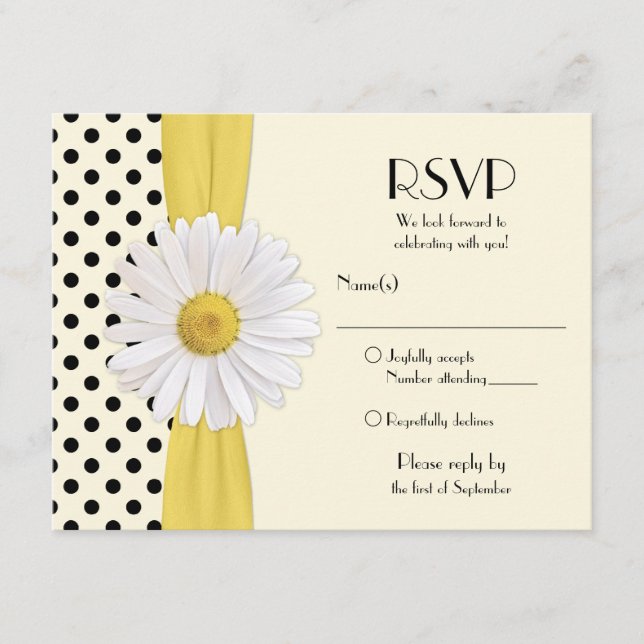 Daisy Black and Ivory Polka Dot Reply Card RSVP Karte (Vorderseite)