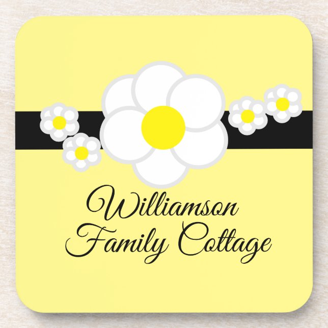 Daisy Black Stripe Gelb Elegante Hütte Getränkeuntersetzer (Vorderseite)