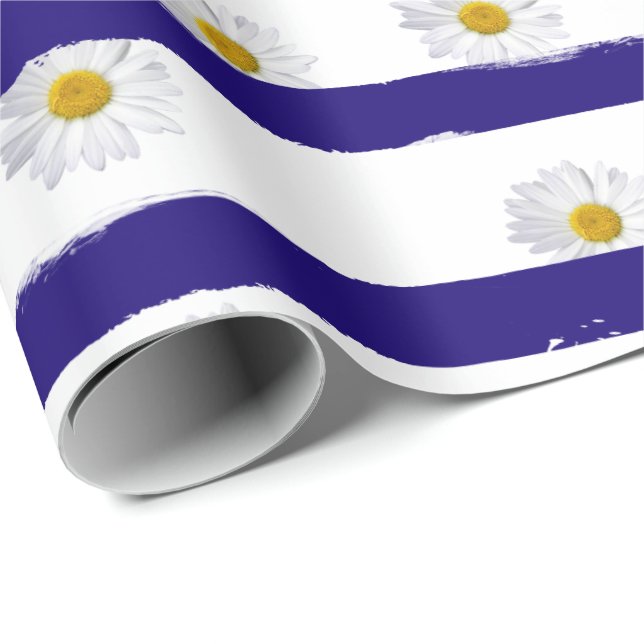 Daisy Blue Stripes Wrapping Paper Geschenkpapier (Rolleneckpunkt)