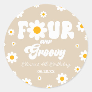 Daisy Blume Four Ever Groovy 4. Geburtstag Party Runder Aufkleber