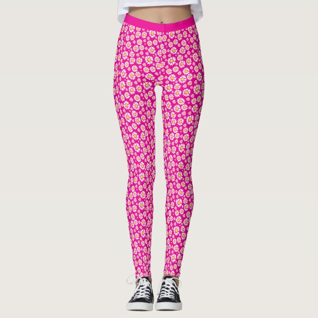 Daisy-Blume-Muster im trendy-Hot-Pink-Hintergrund Leggings (Vorderseite)