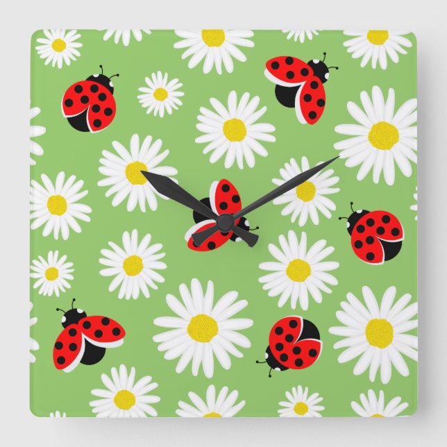 Daisy-Blume und Ladybirds Quadratische Wanduhr (Vorderseite)