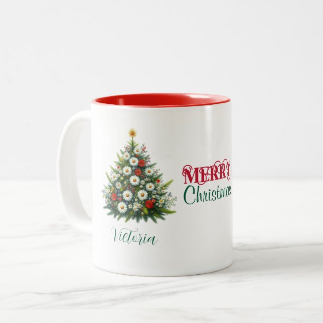 Daisy Blume Weihnachtsbaum Frohe Weihnachtsnamen Zweifarbige Tasse (Vorderseite Links)