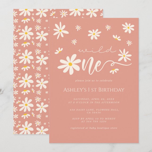Daisy Boho Wild 1. Geburtstag Peach Einladung (Vorne/Hinten)
